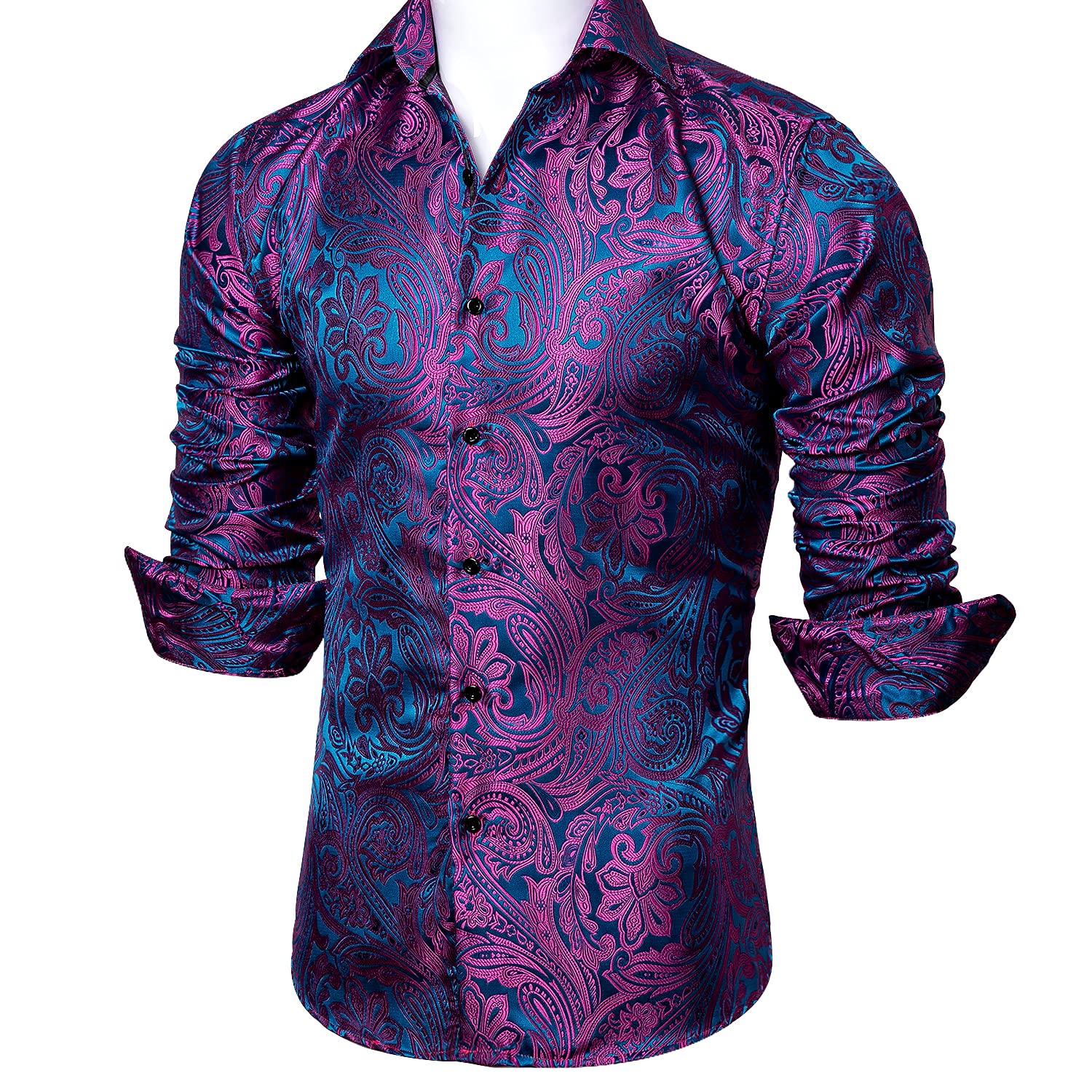 Barry.Wang Camisa de seda para hombre, diseño floral, manga larga, ajuste regular, para boda, fiesta, casual, negocios, vestido formal