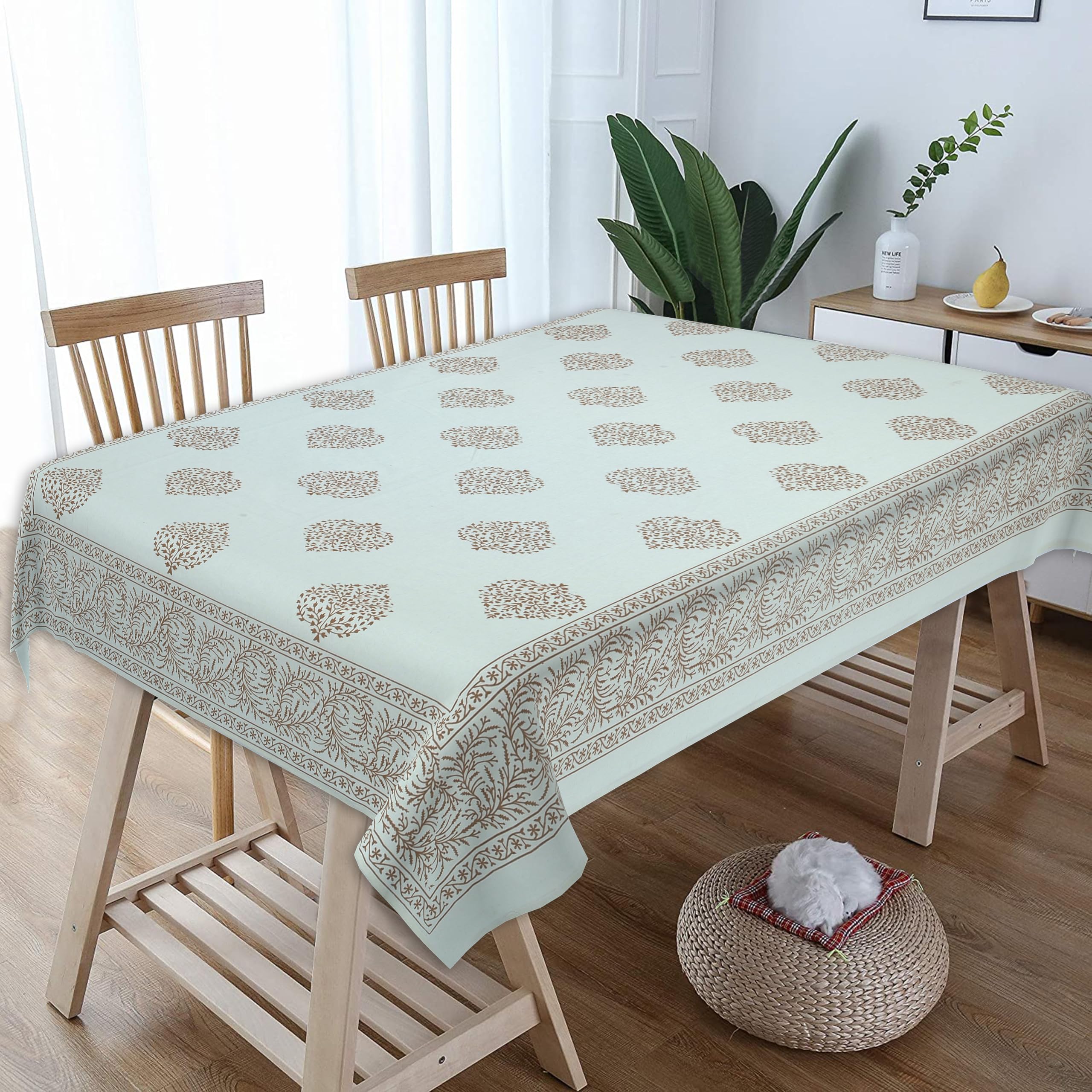 Texstylers Pure Cotton Dining Table Cover Gold & Cream Printed 6 Seater Table Cloth-image-40