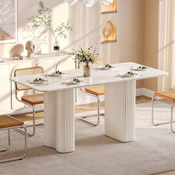 DWVO 63'' Dining Table for 4-6 People Modern Rectangular Kitchen Table with Solid Wave Curved Legs Large Cream White for Dining Room Kitchen Home Office Apartment Office White | Solid wave curved legs, smooth tabletop, seats 4-6, fits dining room home office apartment, easy assembly