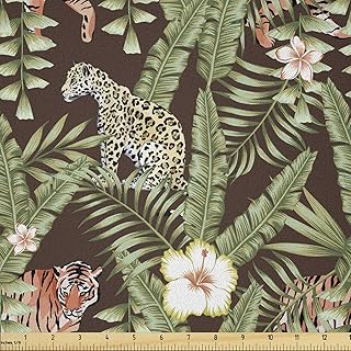 Lunarable Safari Fabric by The Yard, Composition of Tropical Leaves Hibiscus Flower with Wild Animals Leopard and Tiger, Microfiber Fabric for Arts and Crafts Textiles & Decor, 1 Yard, Green