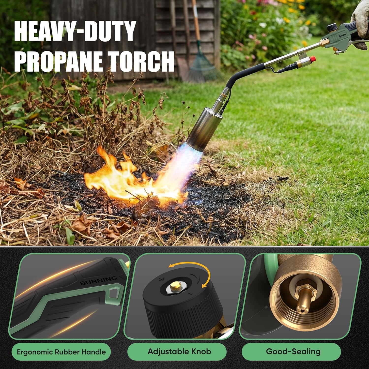 CSA Certified Propane Torch Weed Burner With 12.5-ft Hose Kit, High Output 340,000 BTU Weed Torch with Self Igniter and Turbo Trigger, Long/Short Mode, Dual Fuel Support for Garden, Ice, BBQ