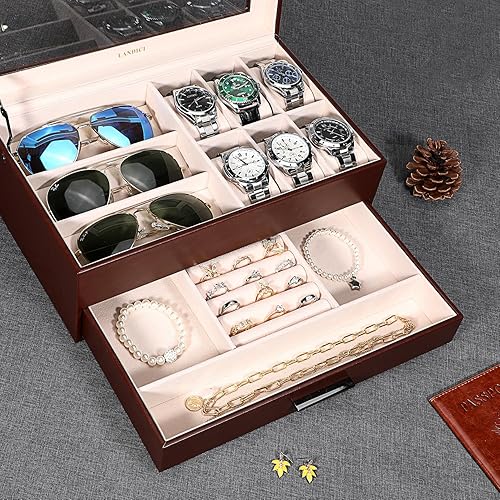 Miniatura 2 de LANDICI Caja de reloj para hombres y mujeres, 2 capas de piel sintética, organizador de relojes, caja de almacenamiento grande, caja de joyería