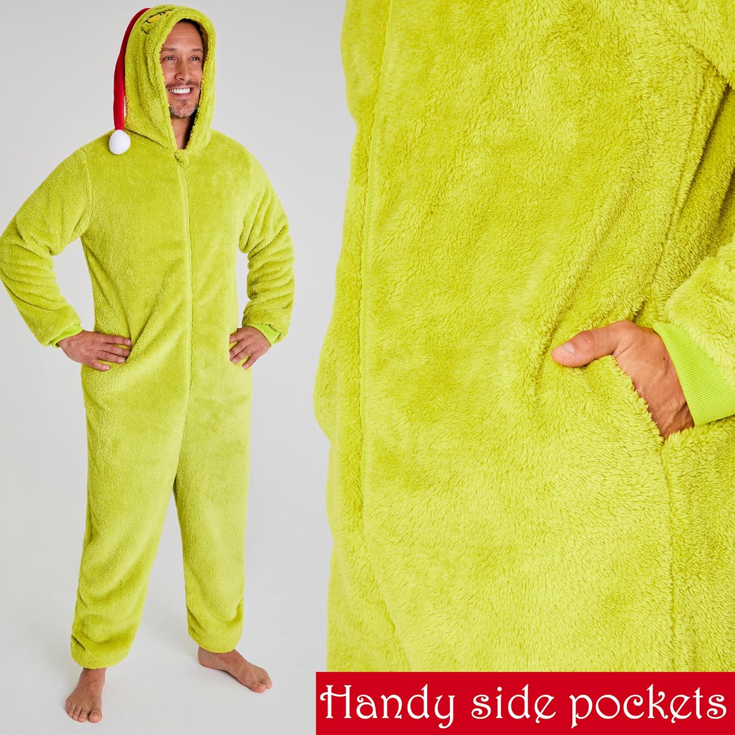 The Grinch One Piece Pajamas for Women, Fleece Jumpsuit With Santa Hat, for Kids, Teens, Adults - Image 3