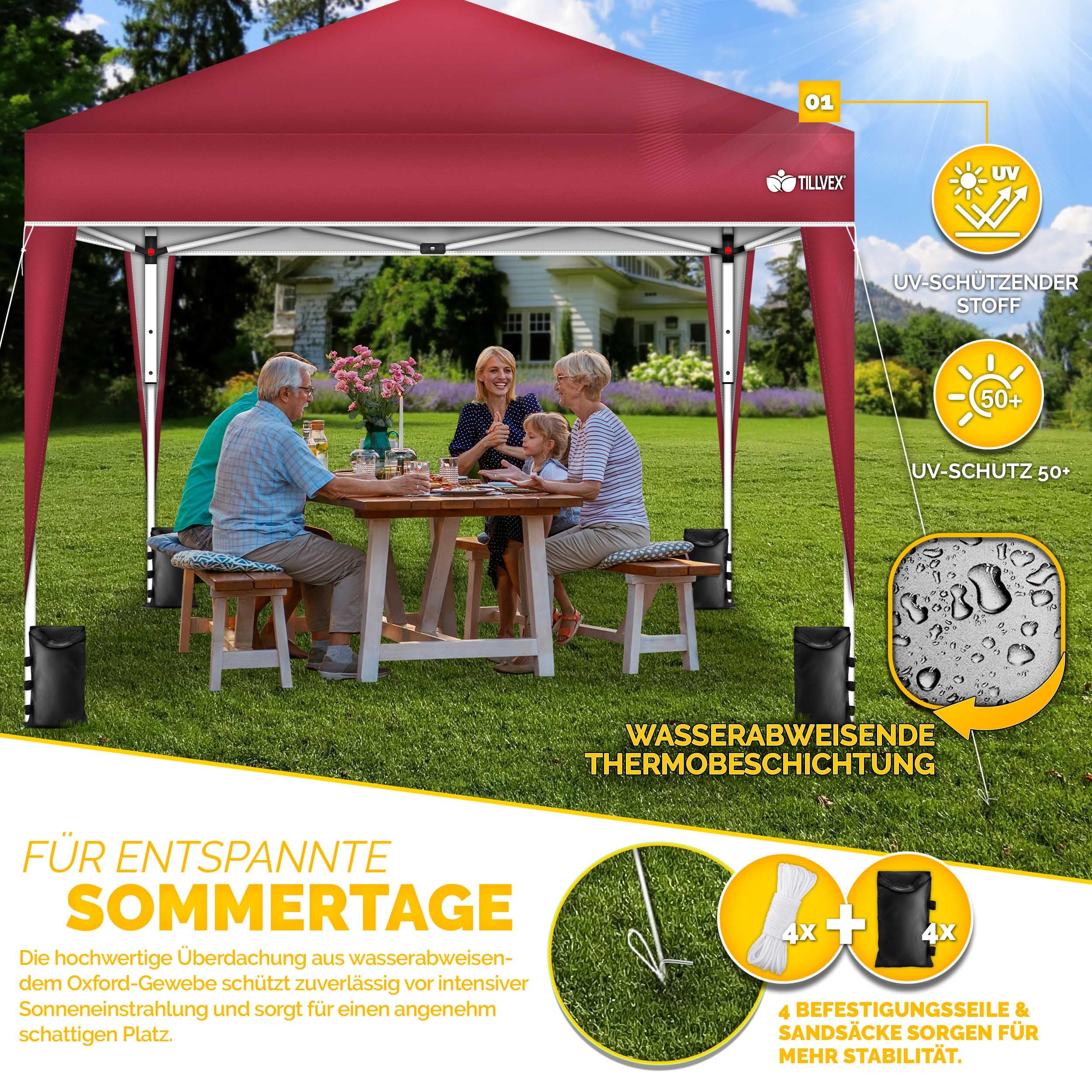 tillvex Pavillon 3x3m wasserdicht + 4er Set Sandsäcke | Pop-Up Faltpavillon stabil & höhenverstellbar | Gartenzelt UV Schutz 50+ | Partyzelt mit Tasche für Garten (Rot)