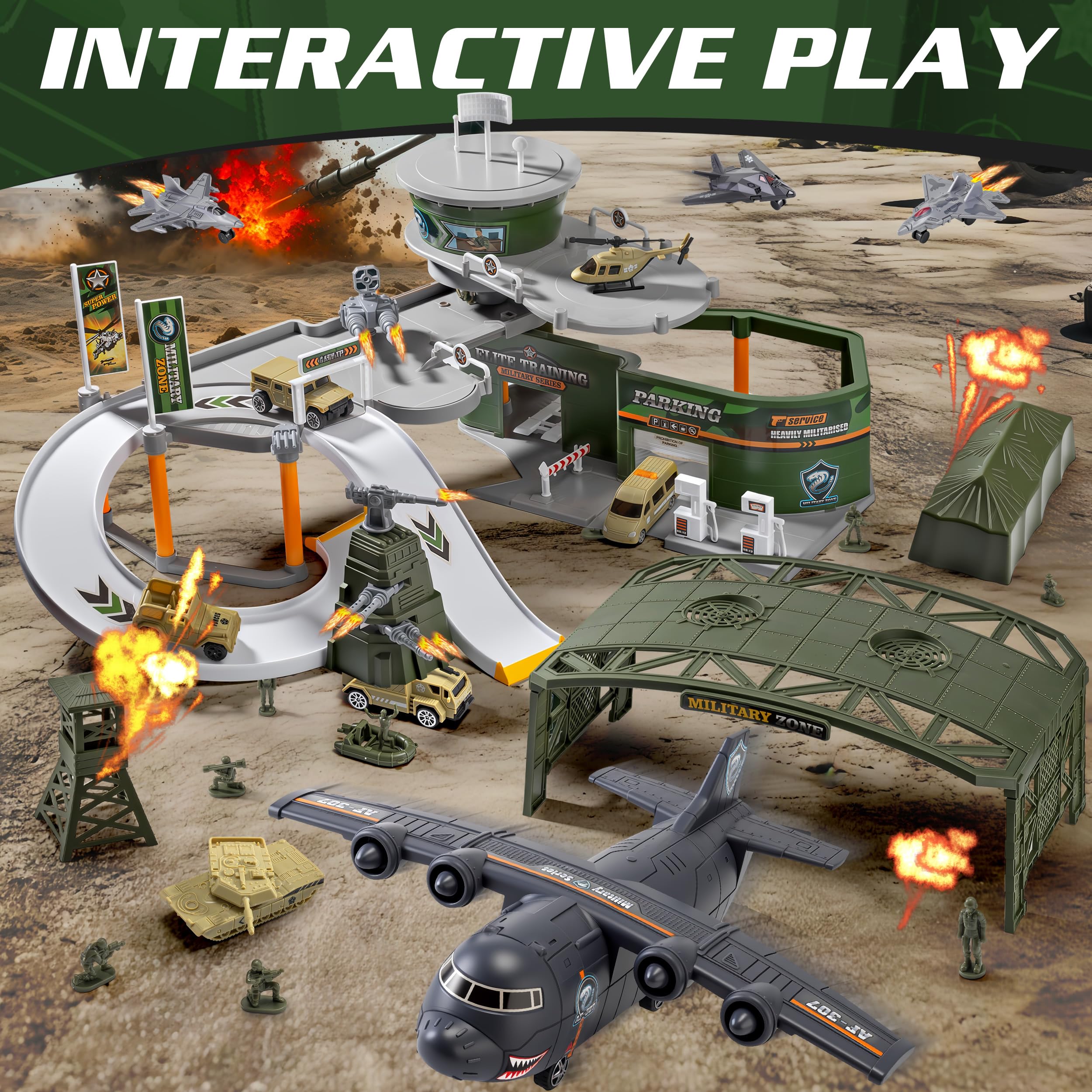 Juego de pista de carreras de juguete de base militar con avión, tanques, autos, helicópteros, aviones de combate, figuras de acción del ejército y alfombra de juego, juguetes de vehículos del 6