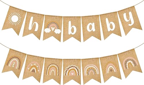 ANGOLIO Banner bohemio de baby shower, decoraciones de género neutro, 2 banderas de arpillera, diseño vintage, ligero, portátil, solo lavado a mano,