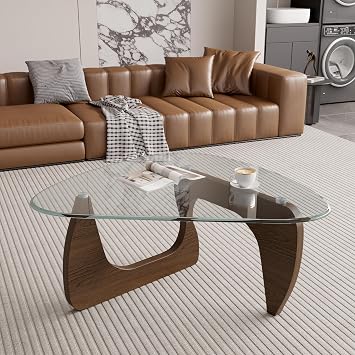 Modern Glass Coffee Table, Triangle Center Table with Tempered Glass Top& Unique Wooden Base, 35.5 Mid Century Tea Tables for Living Room, Apartment, Office,Walnut &Transparent