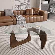 Modern Glass Coffee Table, Triangle Center Table with Tempered Glass Top& Unique Wooden Base, 35.5 Mid Century Tea Tables for Living Room, Apartment, Office,Walnut &Transparent