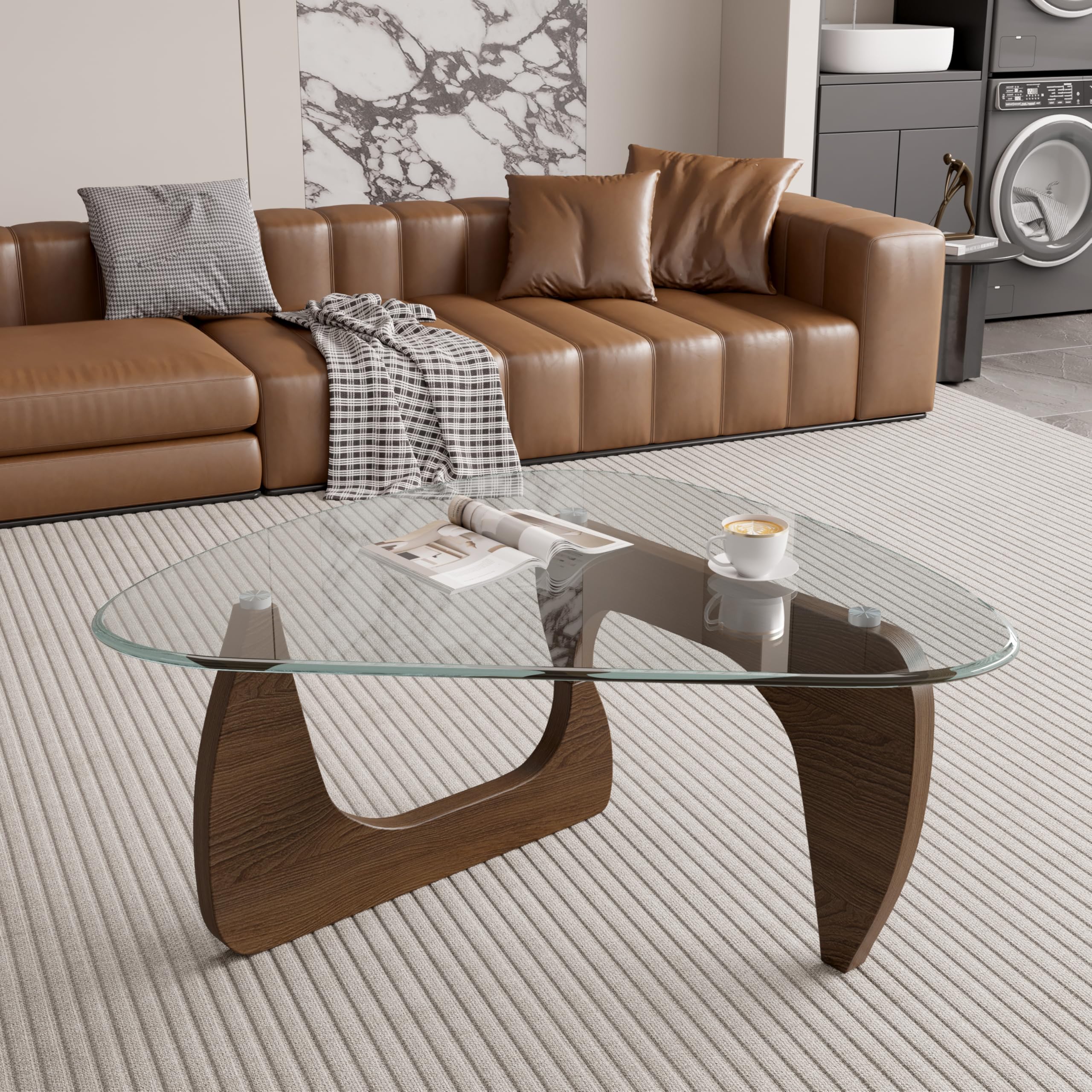 Modern Glass Coffee Table Triangle Center Table with Tempered Glass Top Unique Wooden Base 42 5 Mid Century