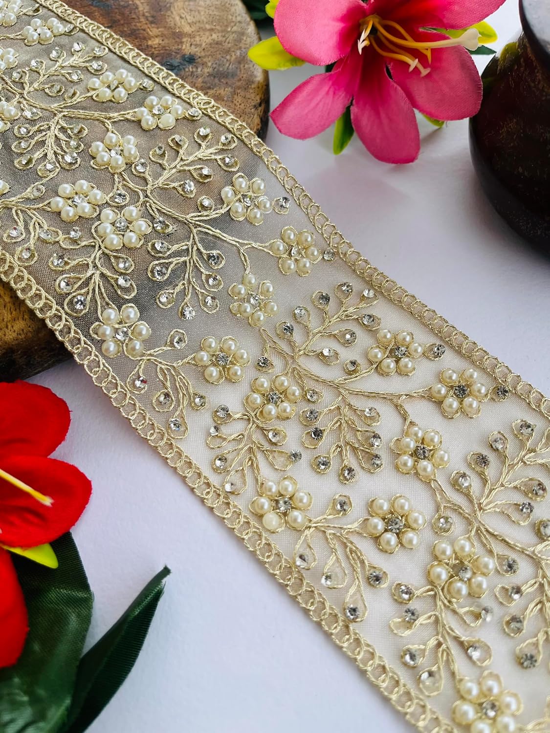 Gold Embroidered Lace Trim with Pearl and Rhinestone Floral Design, Soft Net Fabric, 8 cm Wide, Available in 1, 3 and 6 Yard (6)