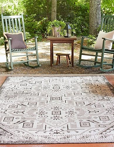 Miniatura 3 de Unique Loom Outdoor Aztec Collection Alfombra de área - Coba (10 x 13 pies, rectangular, gris carbónmarfil)