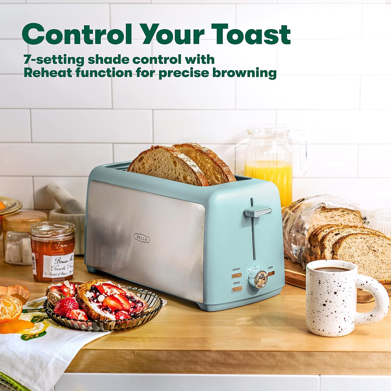 BELLA 4 Slice Toaster, Long Slot & Removable Crumb Tray, 7 Shading Options with Auto Shut Off, Cancel & Reheat Button, Toast Bread & Bagel, Stainless Steel & Aqua