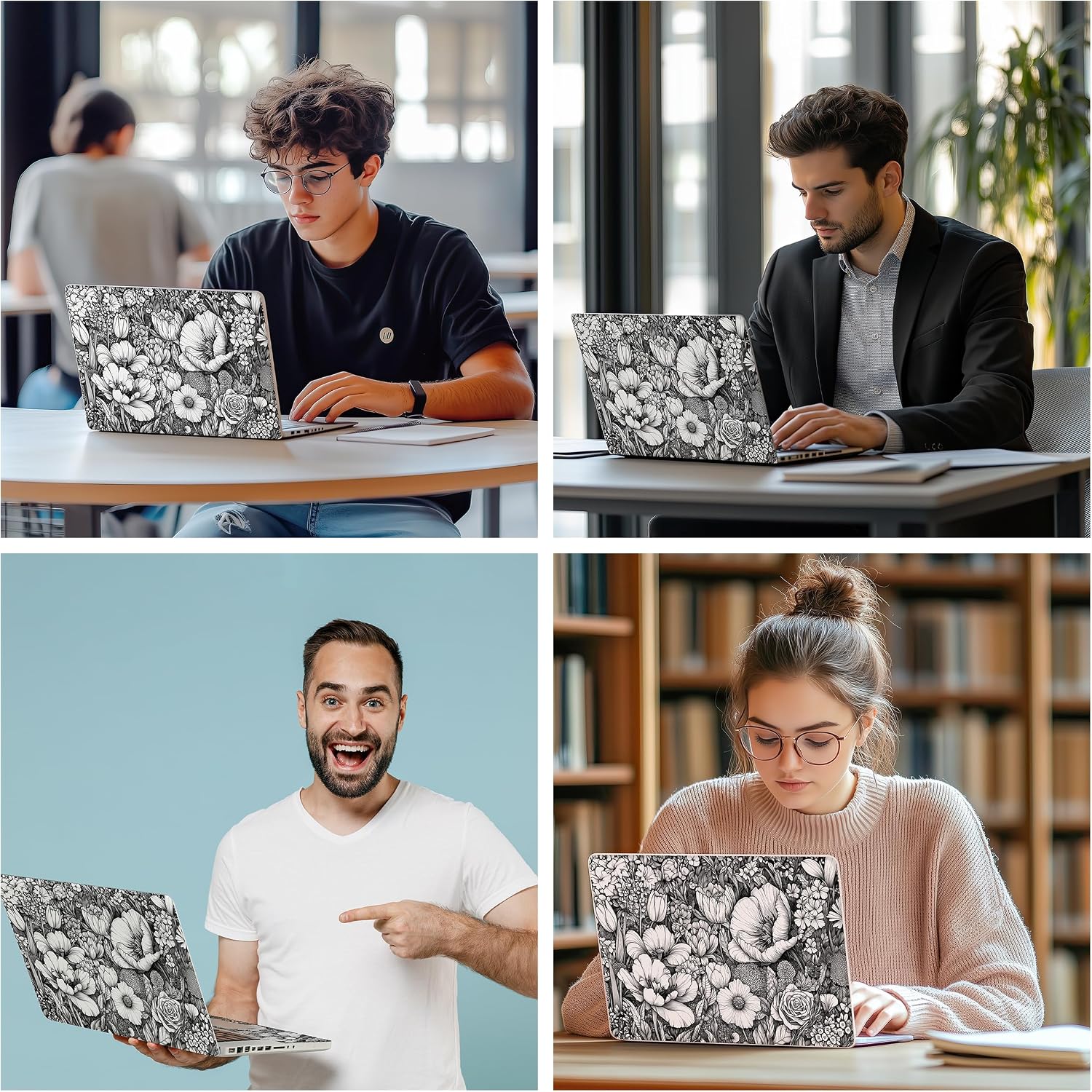 Laptop Skin Decal HP 14" - Black White Botanical, Laptop Cover Sticker, No Cutting Required, No Bubble, Waterproof, Scratch Resistant - Including Wide Screen and Wrist Pad
