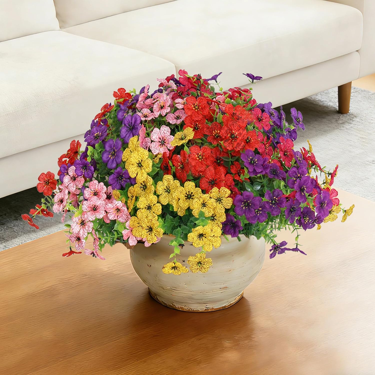 Senjie 24 Bundles Artificial Flowers Bulk for Outdoor Decor, UV Resistant Fake Plastic Flowers, Faux Flowers for Porch Patio Window Boxwood Garden