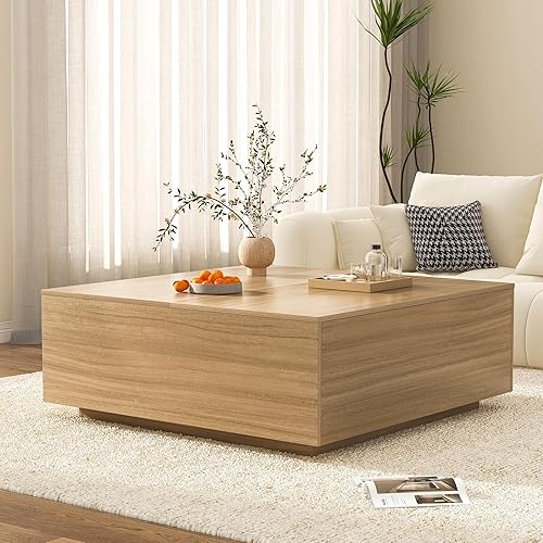43 Inch Large Square Coffee Table with Storage,Modern Wooden Coffee Table with 2 Drawers Storage for Living Room,Mid Century Tea Table/Aesthetic Coffee Tables Center Table for Home Office(Oak)