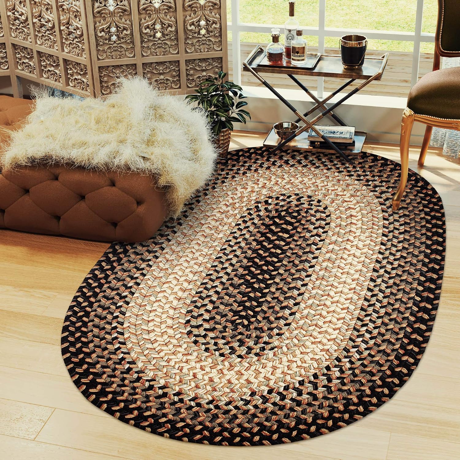 Super Area Rugs Oval 2X3 Black/Gray/Gold Braided Rug Hartford Primitive Decor Carpet - Indoor Outdoor - 2' X 3' Woven Entryway Carpet