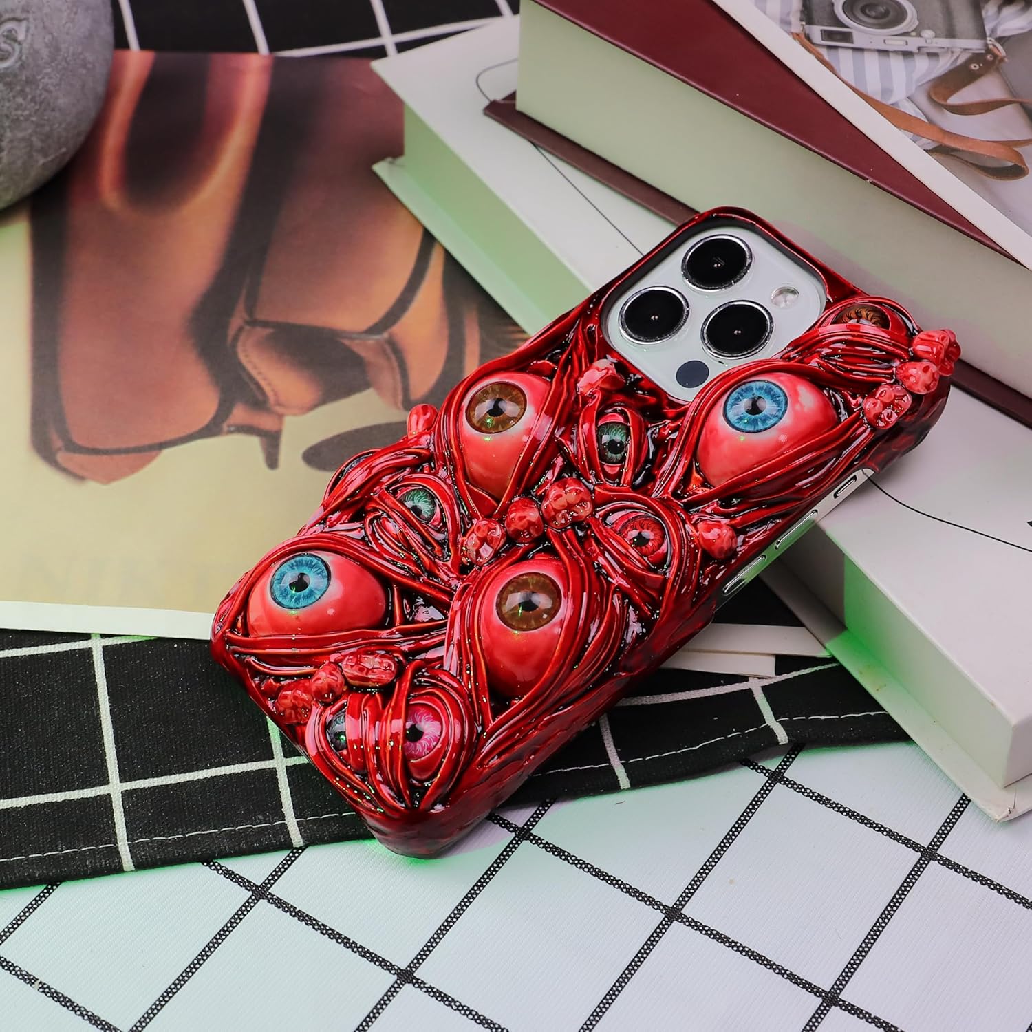 Scary Horror Phone Case Compatible with iPhone 13 Pro Gothic Creepy 3D Eyes Blood Teeth Halloween Phone Cases Red