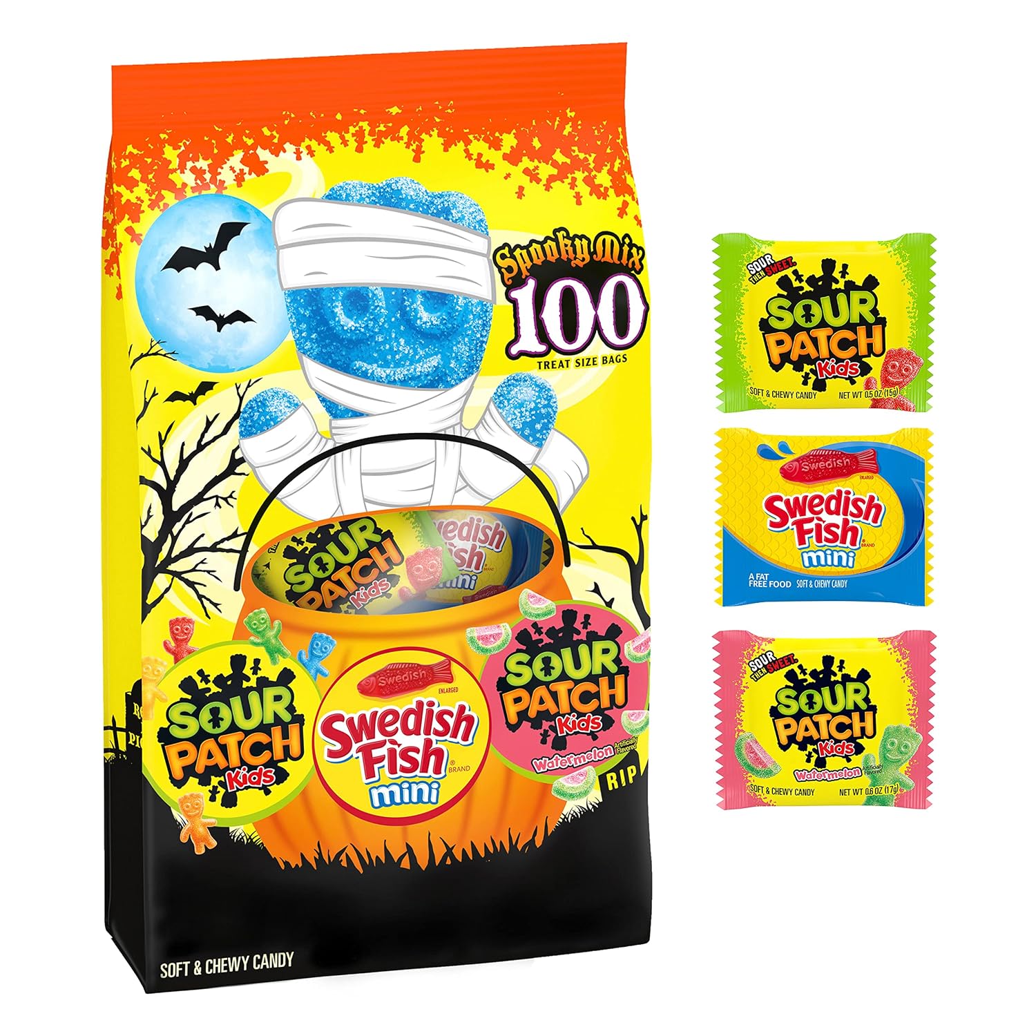 SOUR PATCH KIDS Original, Watermelon & SWEDISH FISH Mini Halloween Candy Variety Pack,2.87 pounds 100 Trick or Treat Bags