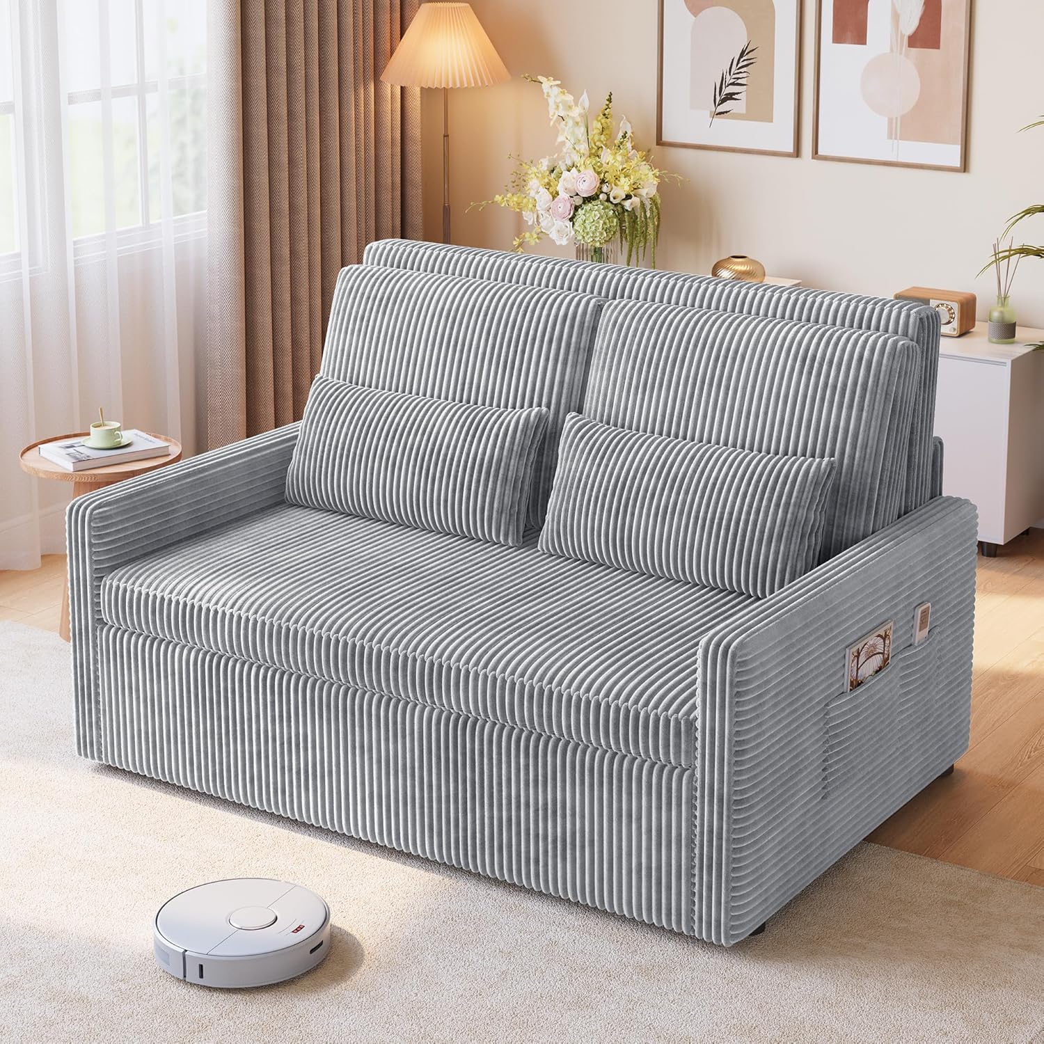 Ahomly 3 in 1 Pull Out Convertible Sofa Bed with 77.2'' Extended Sleeping Length, Corduroy Loveseat Sleeper Sofa with Side Pockets, Modern Small Space Loveseat for Apartment, Studio, Grey