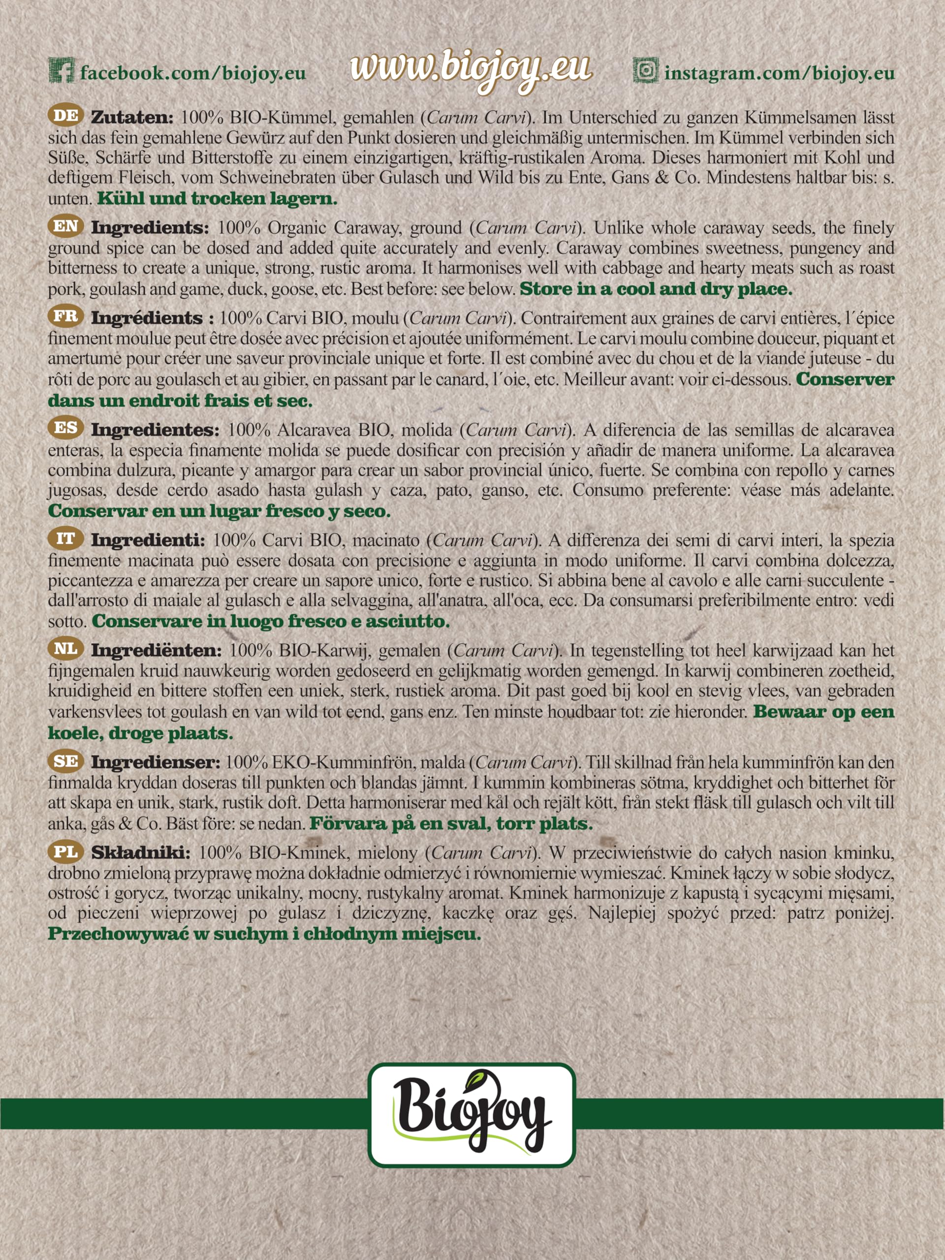 Biojoy Semi di carvi BIO macinati, carvi in polvere, 1 kg | Dalla Polonia, ideale per la cottura al forno o per insaporire, Carum carvi L.