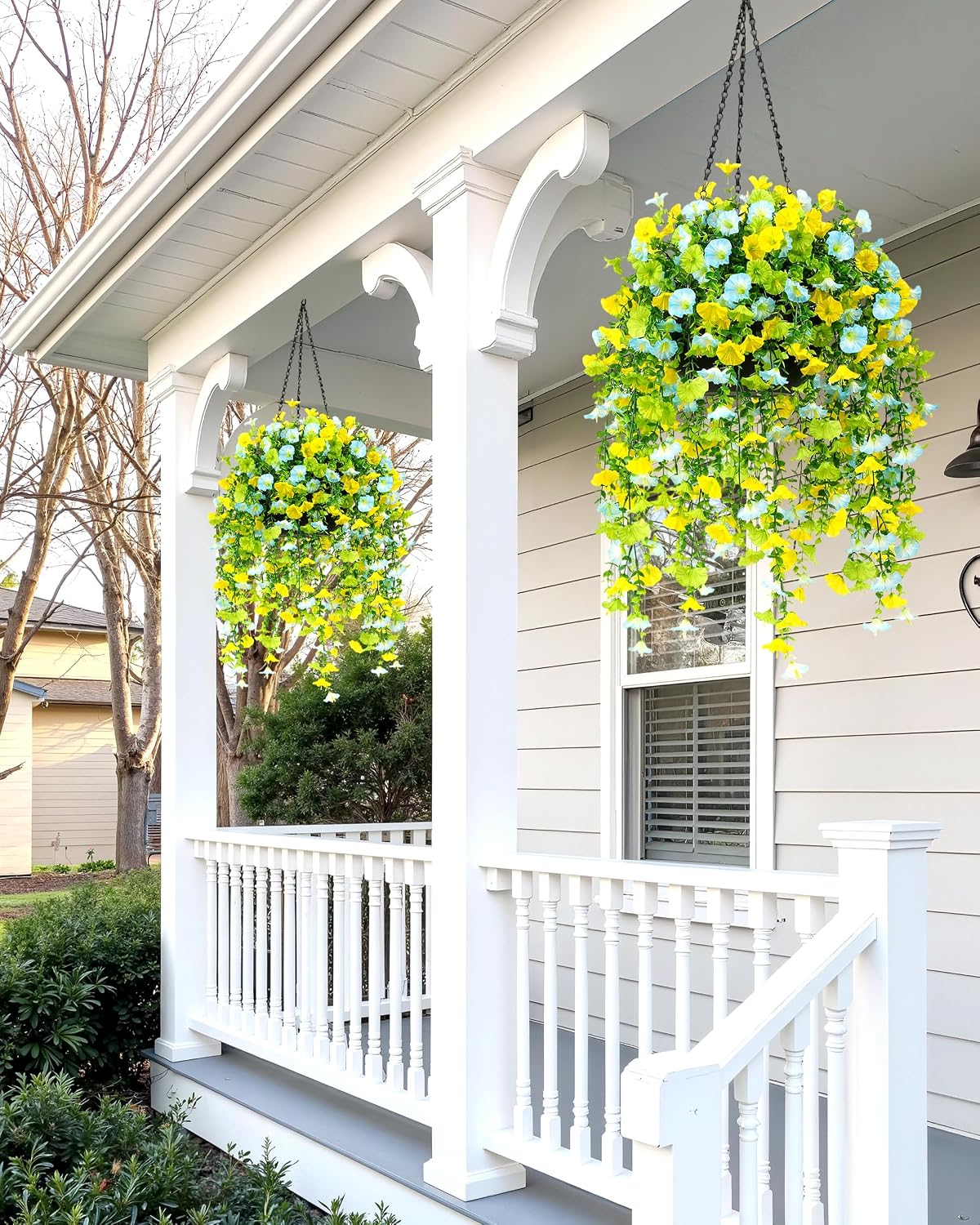 JAKY-Global Cascading Artificial Hanging Flowers Basket Set, 2 Pack Faux Morning Glory Vines with Chain, UV Resistant Outdoor Spring Summer Porch Patio Garden Decor