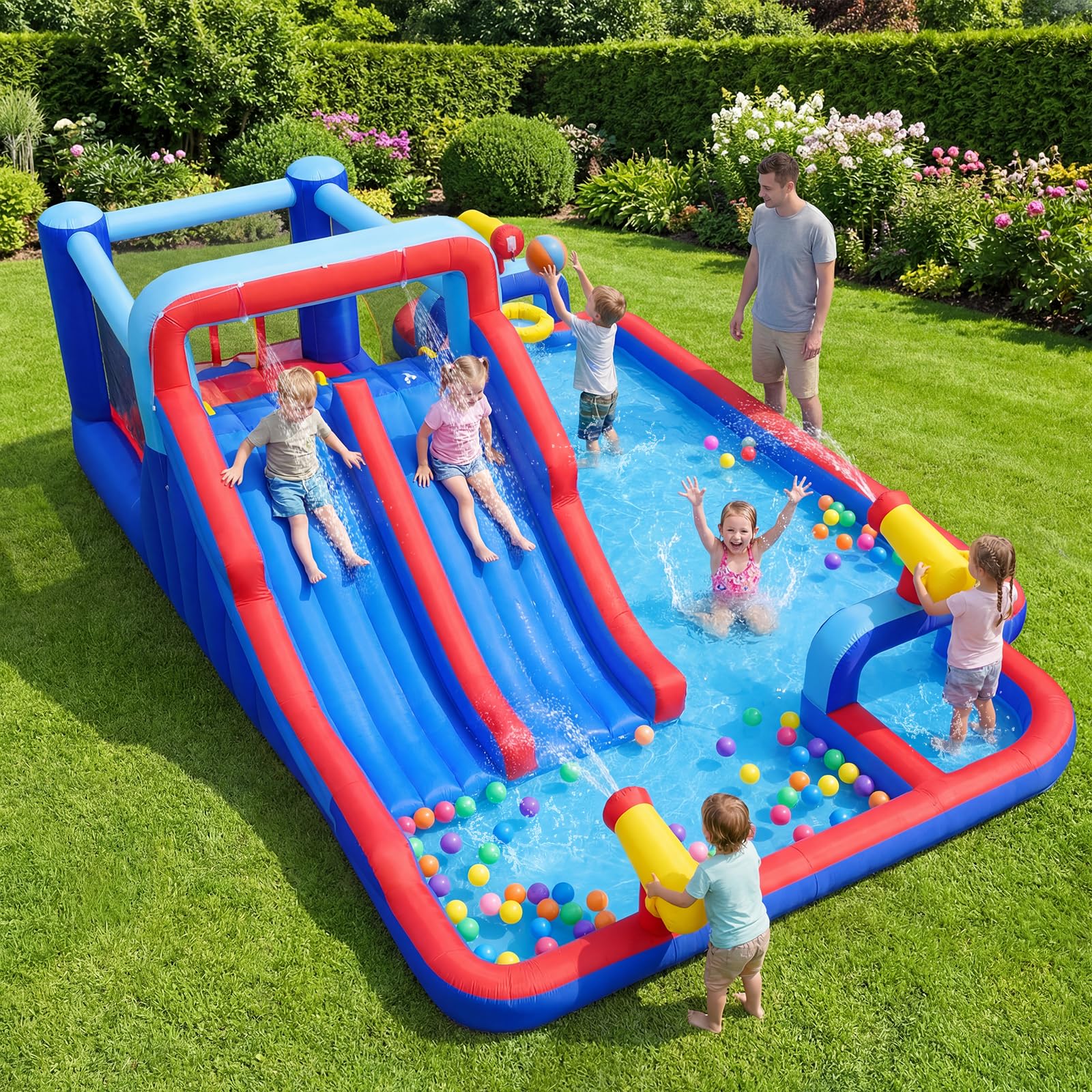 GOPLUS Castillo Hinchable, Castillo Inflable 2 en 1 con Pared de Escalada, Cañones, Piscina de Chapoteo y Tobogán Acuático, Casa de Saltos Infantil para Interior y Exterior, Soplador No Incluido
