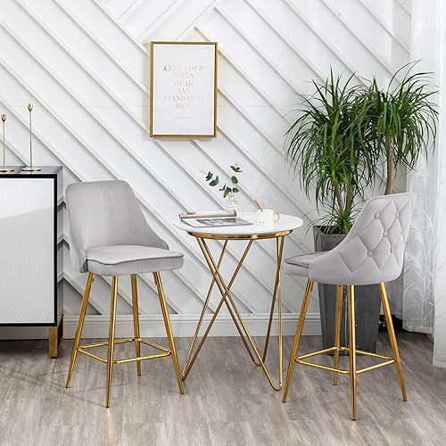 Miniatura 31 de BTEXPERT Juego de 2 sillas de bar de comedor tapizadas, reposapiés, taburetes de bar de altura de mostrador de respaldo alto, marco dorado de Marco