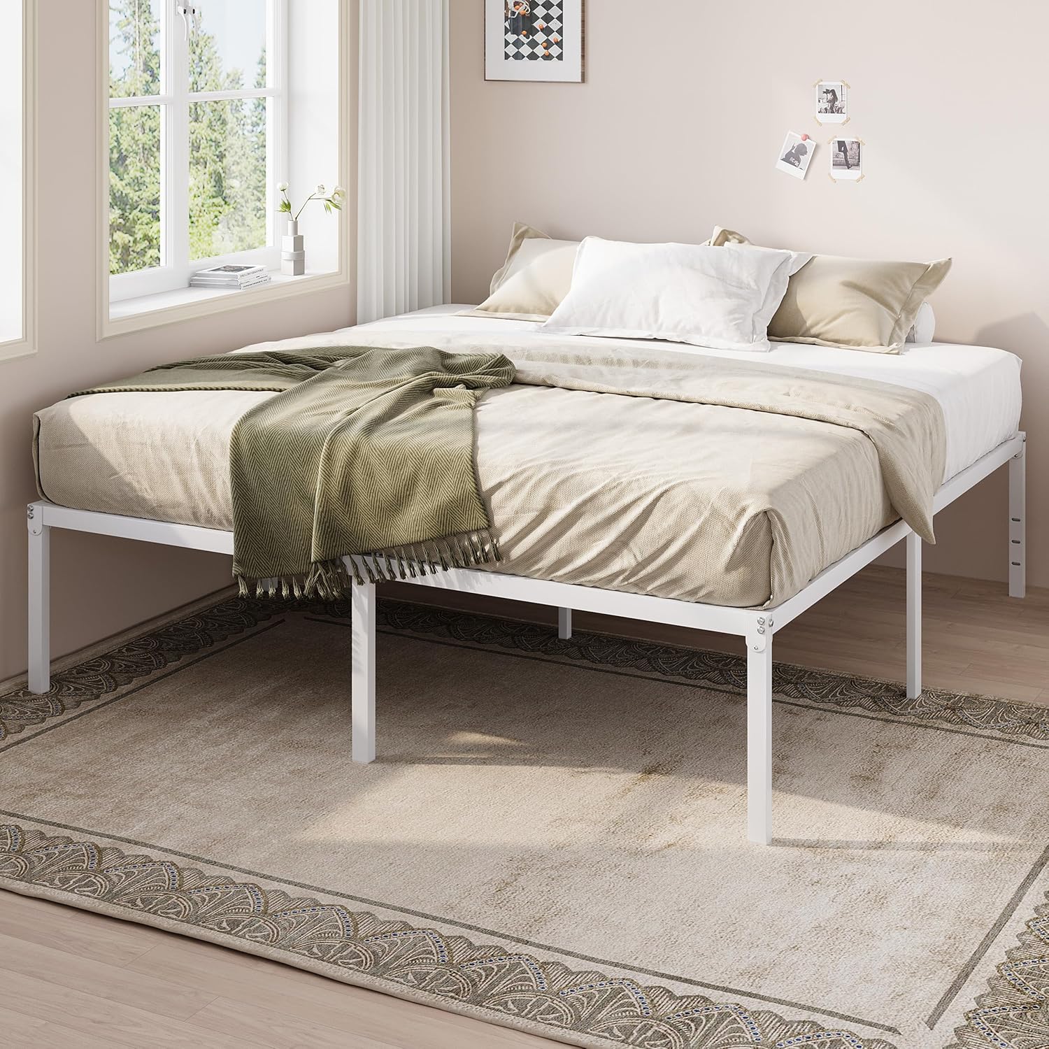 Allewie King Size Bed Frame, 18 Inch Metal Platform Beds with Storage Space, No Box Spring Needed and Easy Assembly, White