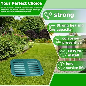 Large Drainage Catch Basin with Fiber Glass Grate and Debris Basket, French Drain Catch Basin with No Pre-Drilled Holes for Patios, Downspouts, Lawns, Municipal Plumbing (18x18x15 in)