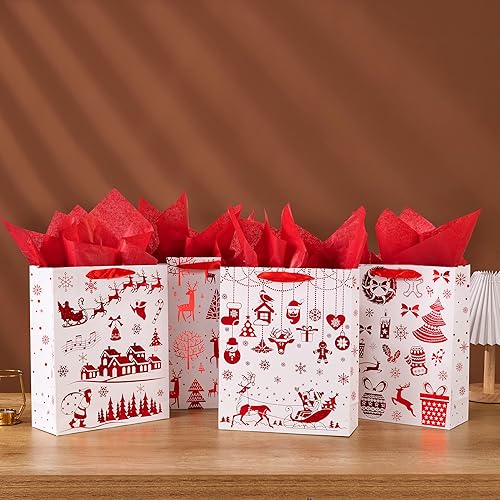 Miniatura 6 de OfficeCastle Paquete de 4 bolsas grandes de regalo de Navidad con papel de seda rojo, bolsas de regalo de papel kraft de 13 pulgadas con asas,