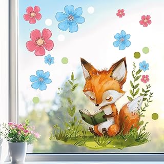Sunnywall Fensterbild Fensterdeko Fuchs Buch Fensteraufkleber statisch selbstklebend beidseitiger Druck Aufkleber Fenstersticker WIEDERVERWENDBAR A4