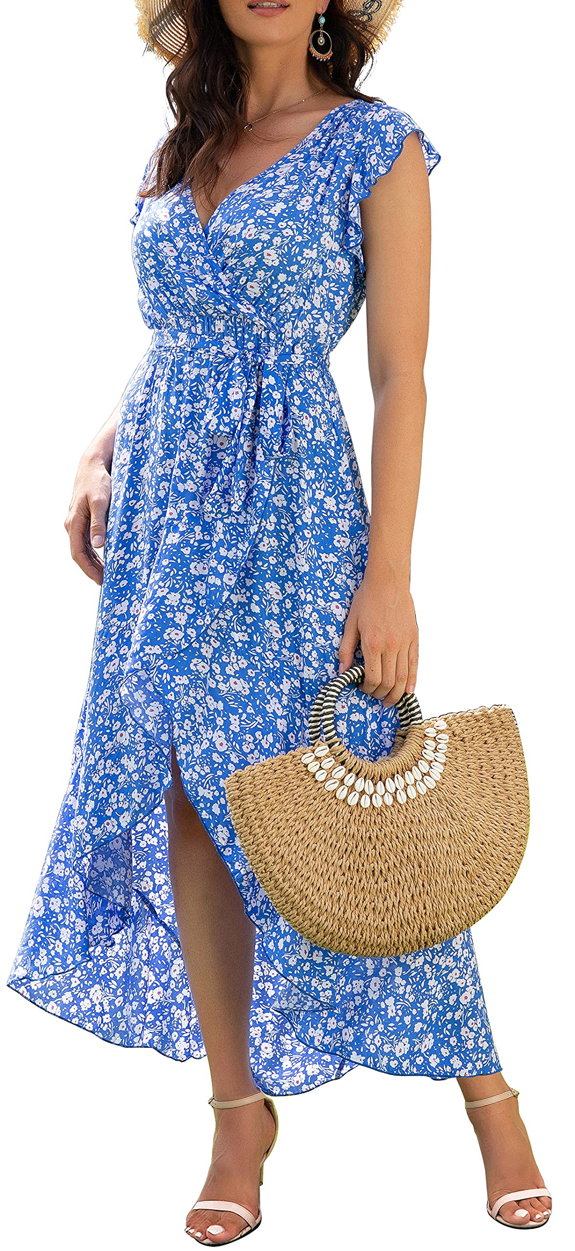 GRECERELLE 2025 Women's Spring Summer Boho Floral Print V-Neck Faux Wrap Maxi Dress for Wedding Guest, Graduation, Party