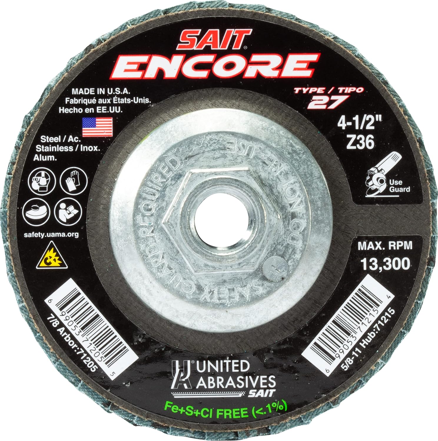 71215 4-1/2x5/8-11 Encore Type 27 General Purpose with Hub Zirconium Flap Discs 36 Grit, 10 Pack