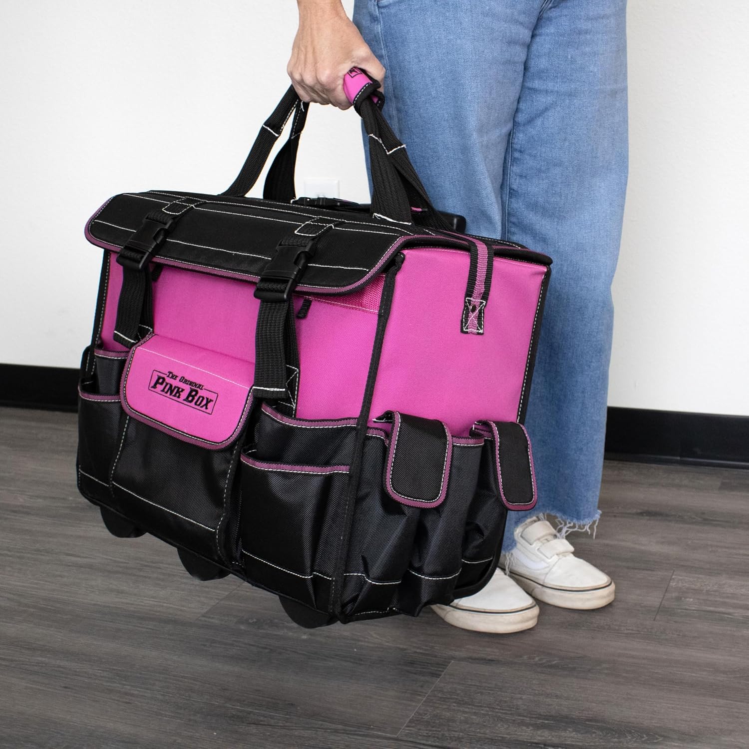 18-Inch Heavy Duty Rolling Tool Bag | Water Resistant, Portable Tool Storage Organizer with Wheels, Telescoping Handle, Pink