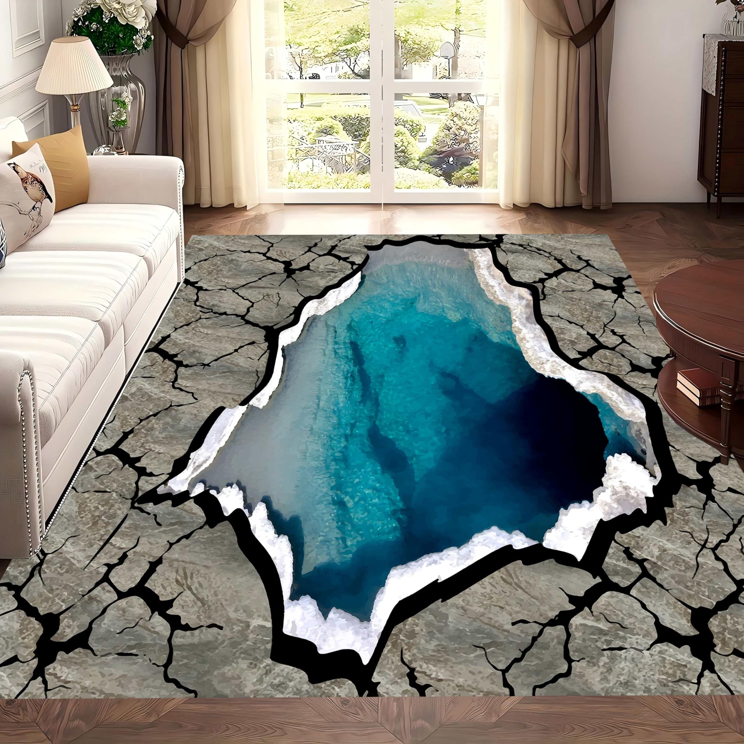 SOJAWA Area Rug, 60x110cm Stylish Modern Optical Illusion Rock Crack Rugs, Washable Easy to Clean Cave Seaside Welcome Entrance Carpets, Non-Slip Indoor Carpet for High Traffic Areas