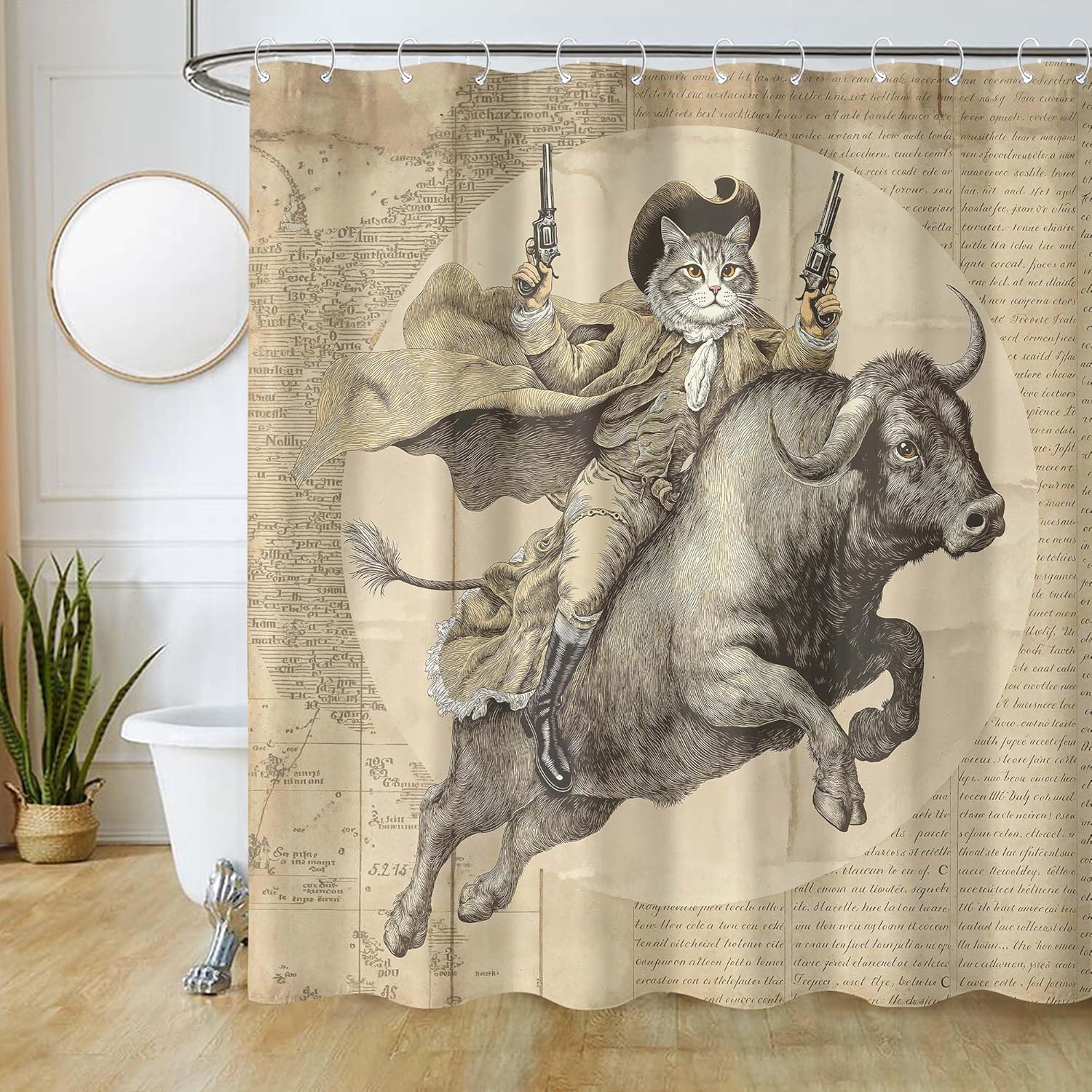 Vintage Cowboy Cat Shower Curtain Set Steampunk Bull Ride Print Waterproof Bathroom Shower Curtain Historical Quirky Home Decor 72x72 Inch.