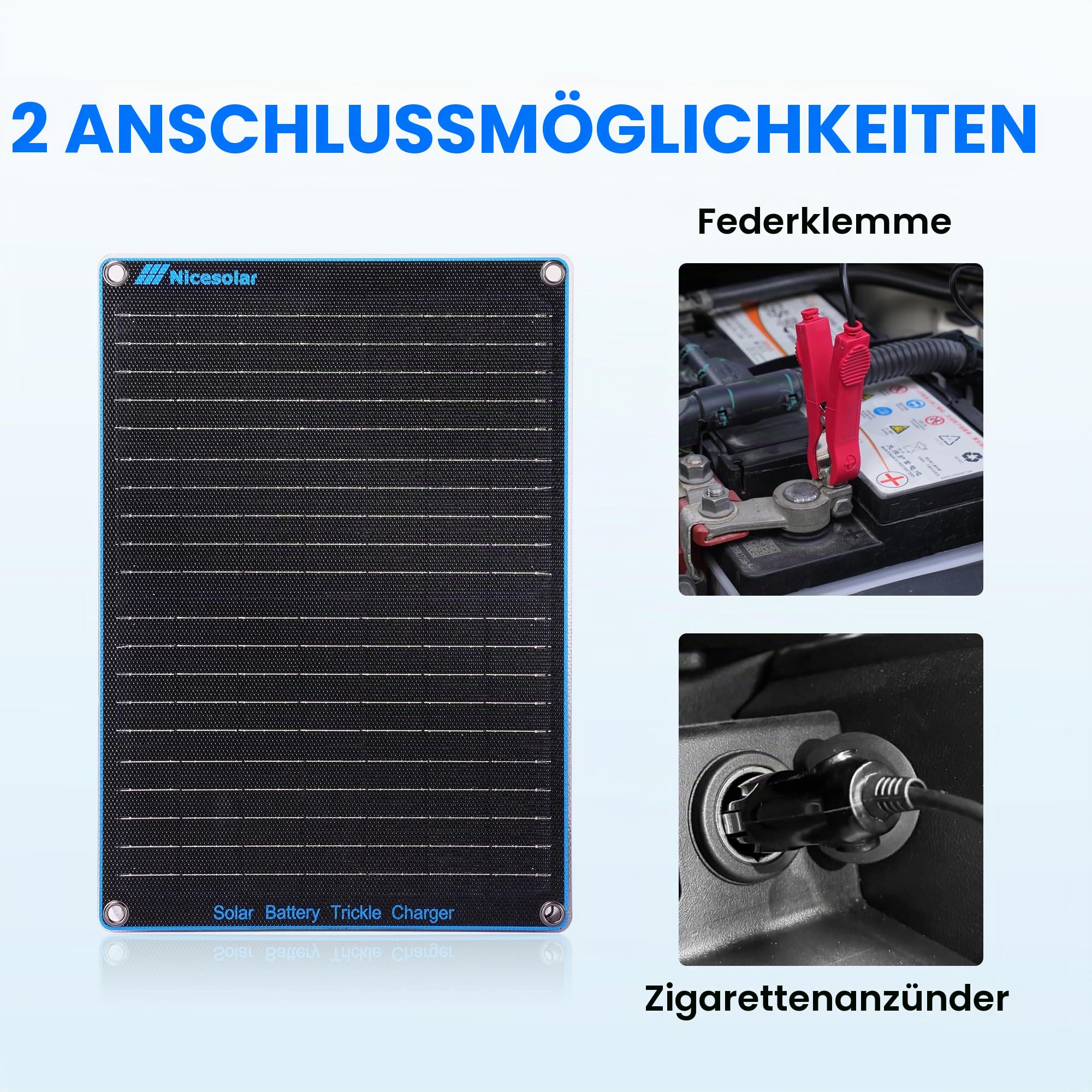 Nicesolar 20W 12V Solarpanel Auto-Batterie Erhaltungsladegerät & Maintainer mit Zigarettenanzünder-Stecker & Krokodilklemme & Batteriekabel für Auto Automobil Motorrad Boot Marine