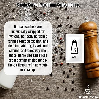 100 Salt Sachets – Individually Wrapped Table Salt Portions – Disposable Packets for Travel, Catering, Takeaway, Lunchboxes & Portion Control – by Espresso Yourself