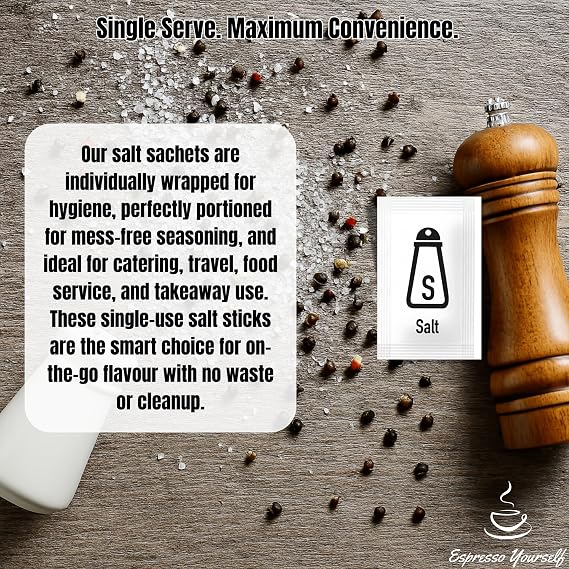 100 Salt Sachets – Individually Wrapped Table Salt Portions – Disposable Packets for Travel, Catering, Takeaway, Lunchboxes & Portion Control – by Espresso Yourself