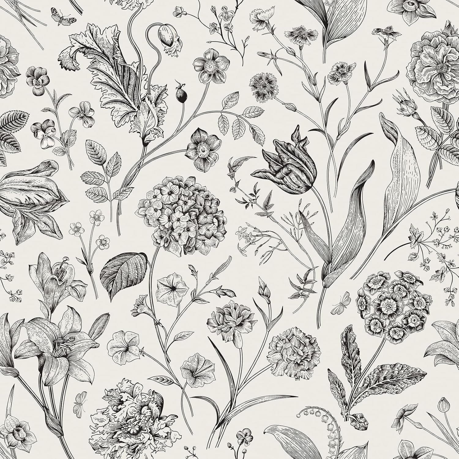 Livelynine 17.5x276 Floral Peel and Stick Wallpaper Vintage Retro Farmhouse Black and White Wild Flower Sprigs French Country Chic Contact Paper Wildflower Botanical Wall Paper for Bathroom Kitchen