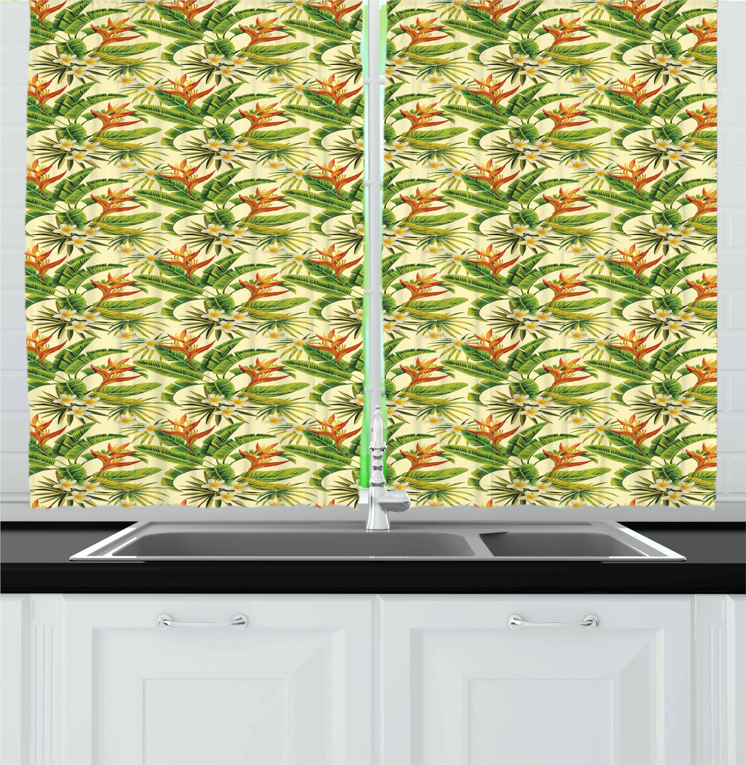 Ambesonne Tropical Kitchen Curtains, Exotic Plumeria Flowers and Palm Tree Leaves on Cream Background Hawaiian Flora, Window Drapes 2 Panel Set for