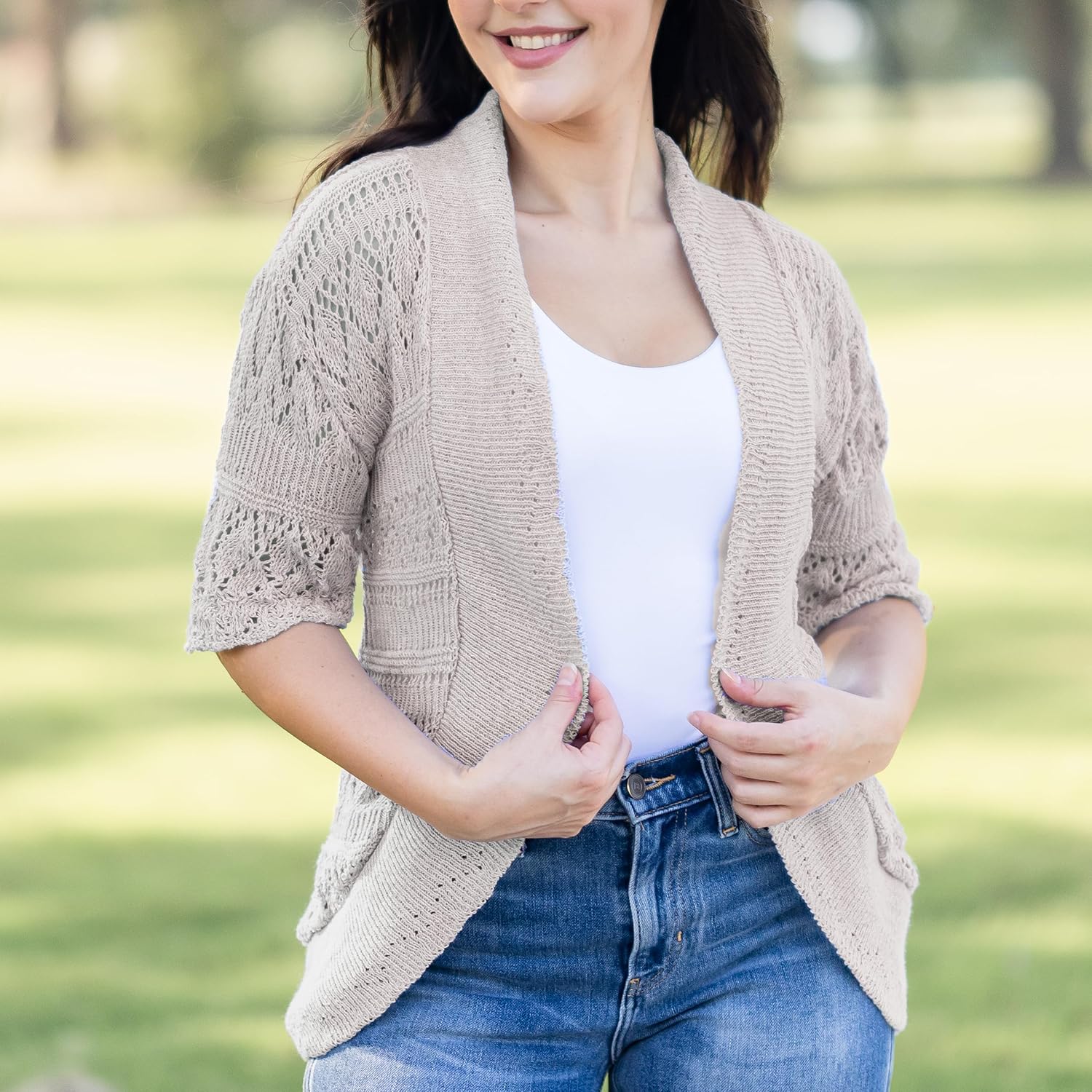 Loxdonz Women's Short Sleeve Crochet Knitted Bolero Shrug Cardigan Cropped Sweater - Image 6