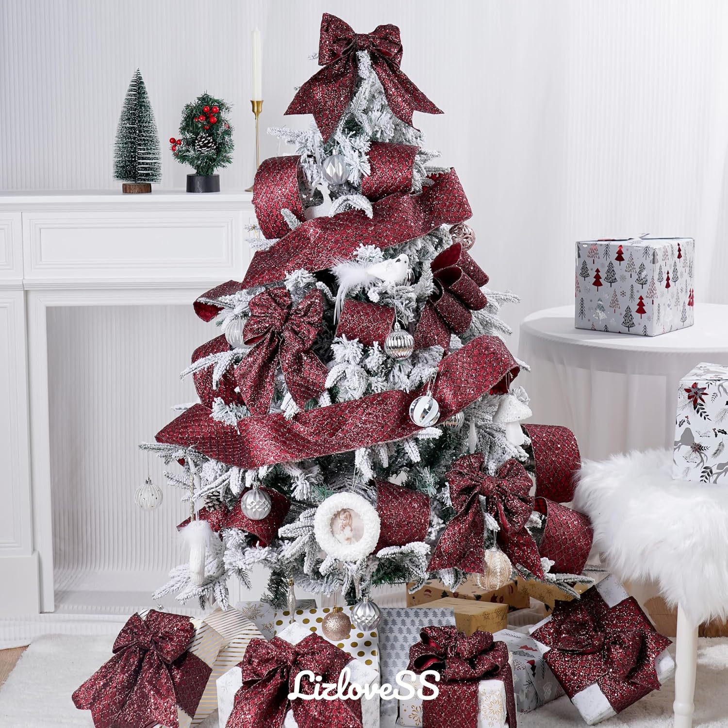 Burgundy Christmas Ribbon 4" Glitter Mesh Wired Ribbon for Christmas Tree Maroon Diamond Honeycomb Ribbon for Gift Wrapping, Crafts, Wreath Supplies, Garland, Tree Topper Bows - 10 Yards