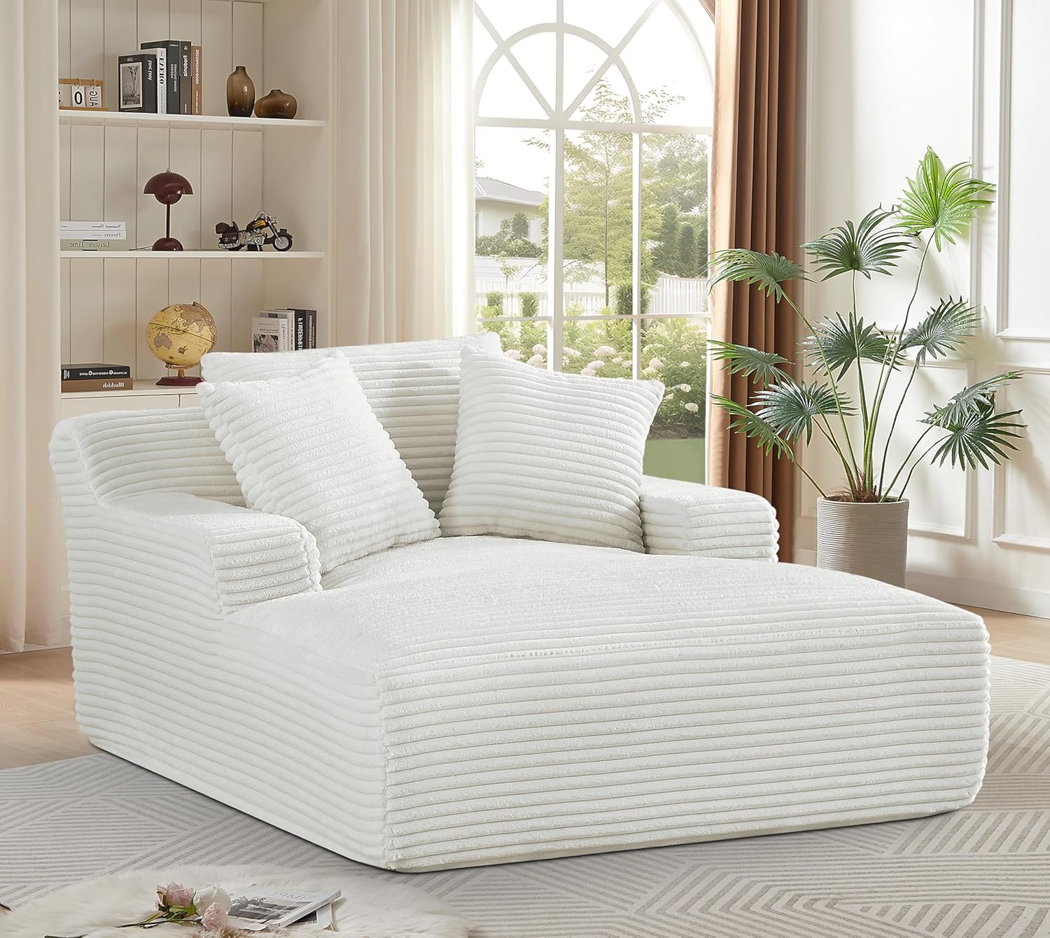 66" Corduroy Oversized Chaise Lounge,Comfortable Loveseat Sofa with 3 Toss Pillows,Modern Sleeper Sofabed,Upholstered Couch for Small Apartment,Living Room,Bedroom,Ivory