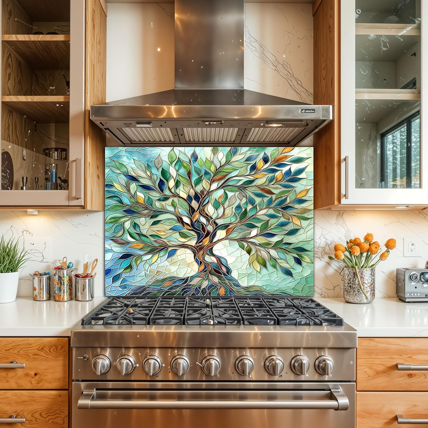 Tempered Glass Backsplash for Kitchen - Easy to Clean Behind Stove Backsplash Protector for Wall - Heat and Scratch Resistant Backsplash for Stove - Tree of Life Design