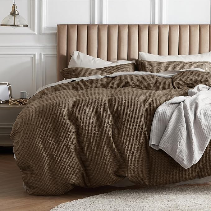 Bedsure Cotton Duvet Cover Queen Size - 100% Cotton Waffle Weave Brown Duvet Cover Queen Size, GentleSoft™ and Breathable Bedding Set for All Season, 3 Pieces, 90"x90"