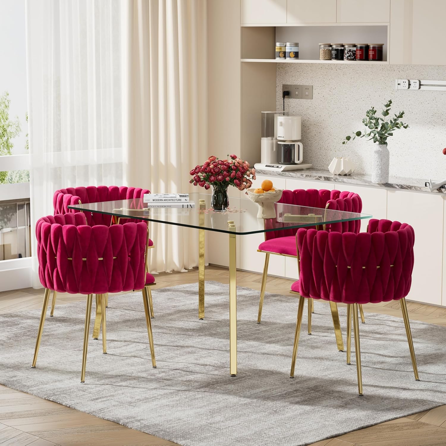 5 Pieces Modern Gold Dining Table Set, 51'' Small Luxury Rectangle Kitchen Table Set, 4 Person Clear Glass Top Minimalist Dinner Table Set, Rose Red Woven Chair, for Café Apartment Home