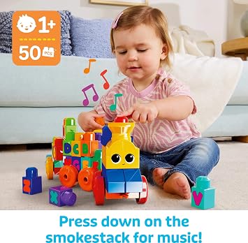 MEGA BLOKS First Builders Toddler Building Blocks Toy Set, ABC Musical Train with 50 Pieces, Music and Sounds, Ages 1+ Years