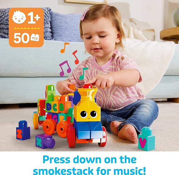 MEGA BLOKS First Builders Toddler Building Blocks Toy Set, ABC Musical Train with 50 Pieces, Music and Sounds, Ages 1+ Years