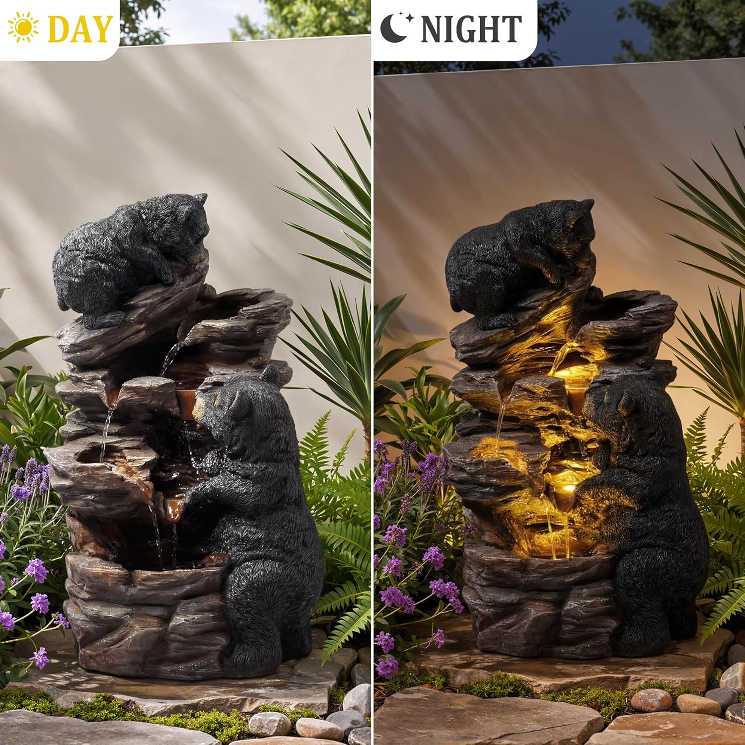 21.7" Tall Outdoor Water Fountain, 5 Tier Cascading Bowls and Stacked Water Fountain with LED Lights, for Yard Décor, Backyard, Patio and Deck (21.7'')